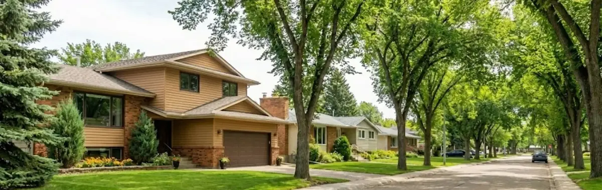 A family oriented residential street in Walsh Acres, Regina, featuring well-maintained bungalows, 4 level splits, and mature landscaping